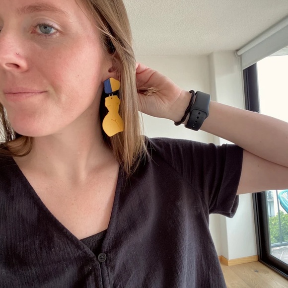 Handmade Clay Earrings | Forms of a Woman Silhouette | Yellow and Blue Mosaic - Picture 4 of 9